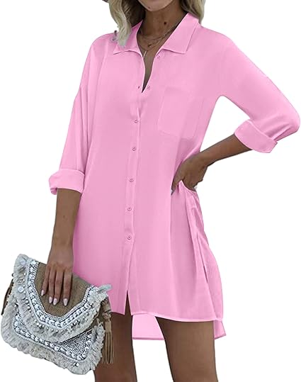 Ekouaer Women's Beach Bikini Cover Up Button Down Shirt