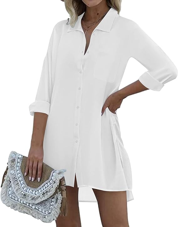 Ekouaer Women's Beach Bikini Cover Up Button Down Shirt