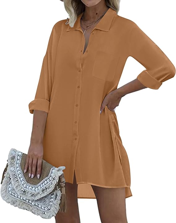 Ekouaer Women's Beach Bikini Cover Up Button Down Shirt